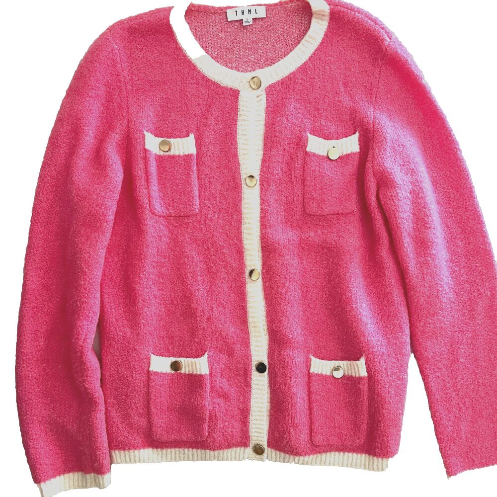 THML Cardigan L Pink Bouclé Wool Blend Gold Buttons Sweater